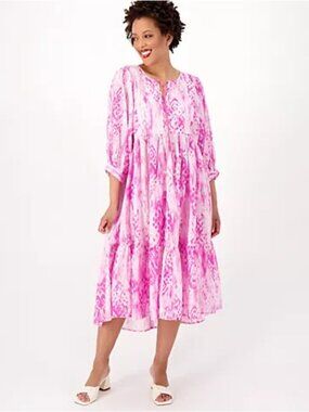 Destination 365 Dress Midi Printed Pink Petite PXL Ruffle A607889
